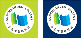 순천제일대학교 엠블럼 응용형 한글영문혼합 녹색, 군청색바탕에 엠블럼