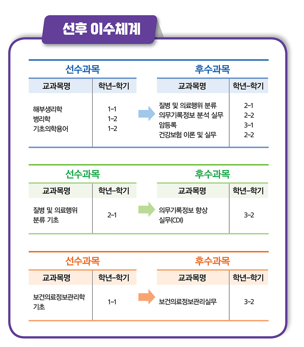 선후 이수체계
							선수과목에서
							교과목명 해부생리학에 학년-학기는 1-1
							교과목명 병리학에 학년-학기는 1-2
							교과목명 기초의학용어의 학년 학기는 1-2 이고
							후수과목에서
							교과목명 질병 및 의료행위 분류의 학년-학기는 2-1
							교과목명 의무기록정보 분석 실무의 학년-학기는 2-2
							교과목명 암등록의 학년-학기는 3-1
							교과목명 건강보험 이론 및 실무의 학년-학기는 2-2이다

							선수과목에서
							교과목명 질병 및 의료행위 분류 기초의 학년-학기는 2-1이고
							후수과목 교과목명 의무기록정보 향상 실무(CDI)의 학년-학기는 3-2이다

							선수과목 교과목명 보건의료정보관리학 기초의 학년-학기는 1-1이고
							후수과목 교과목명 보건의료정보관리실무의 학년-학기는 3-2이다