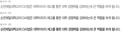윤고딕110, 윤고딕120, 윤고딕 130(순천제일대학교의 CI사업은 대학이미지 제고를 통한 대학 경쟁력을 강화하는데 큰 역할을 하게됩니다.) 