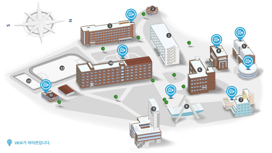 캠퍼스지도이미지입니다. 아래 건물리스트 선택시 건물의 층별 내용을 볼수있습니다.